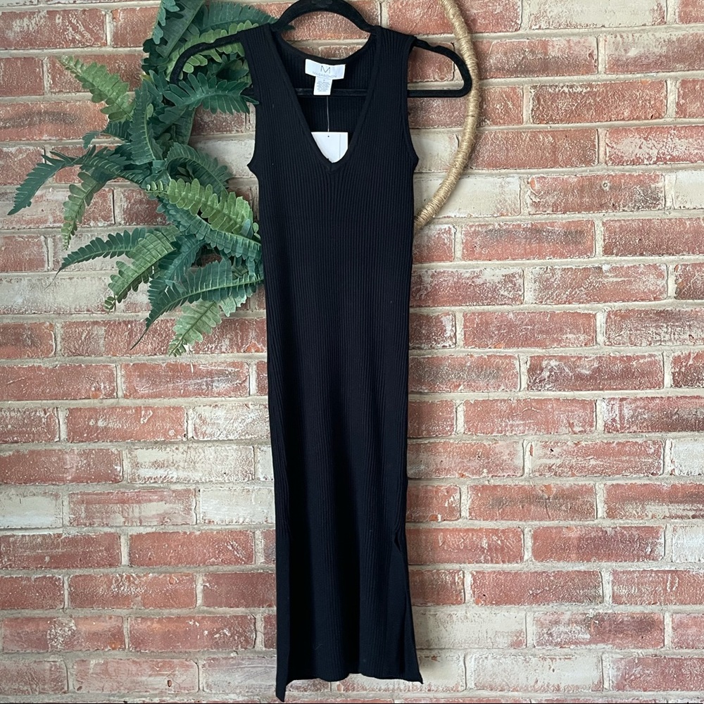 Magaschoni Little Black Split Dress. Ribbed and Sleeveless.